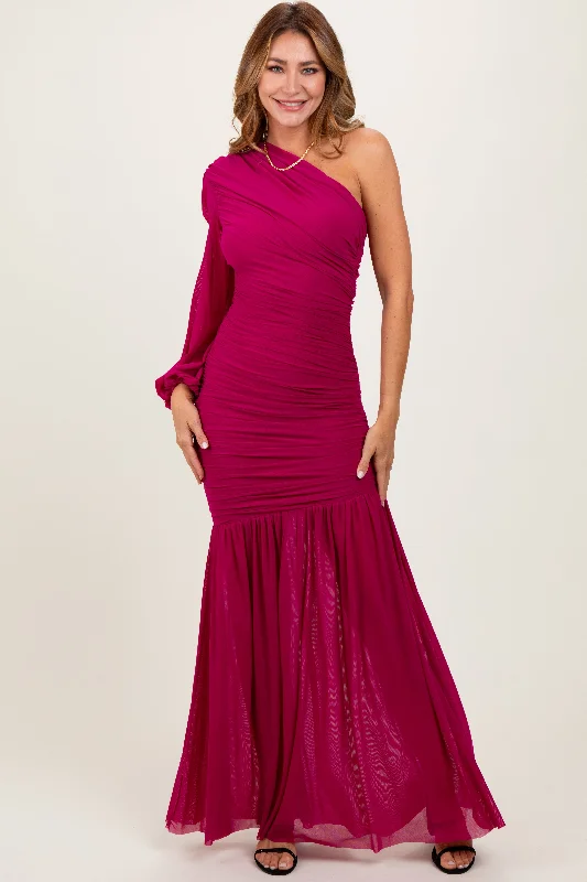 Magenta Ruched Mesh One Shoulder Asymmetric Maxi DressTactical Dress