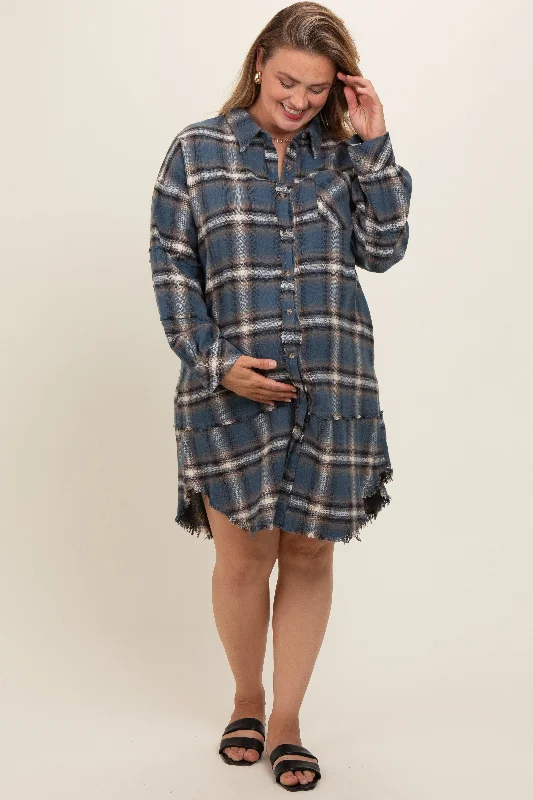 Blue Plaid Button Down Raw Hem Plus Maternity DressLong-sleeve Dress