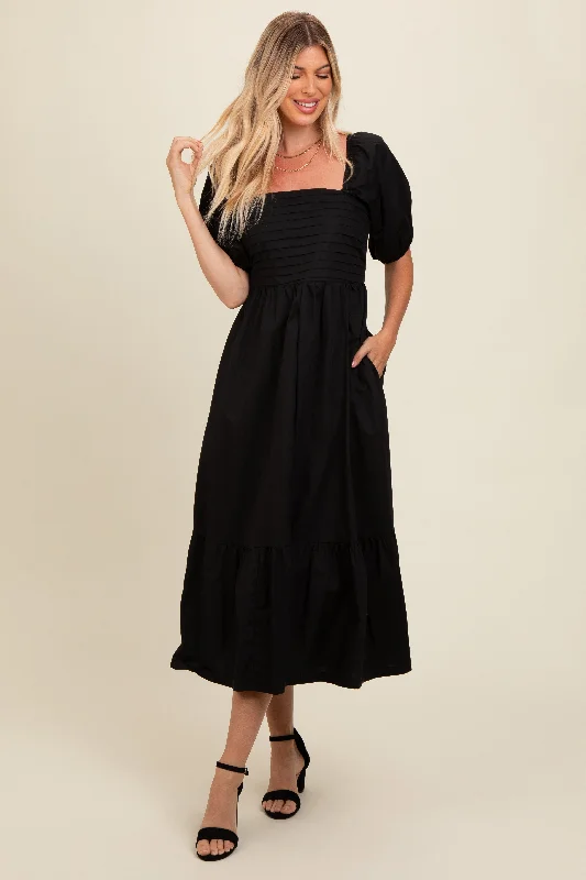 Black Pleated Bodice Puff Sleeve Midi DressDenim Dress