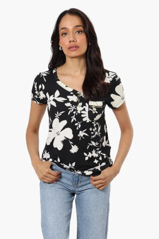 Majora Floral Cap Sleeve Henley Tee - BlackOff-Shoulder T-Shirts