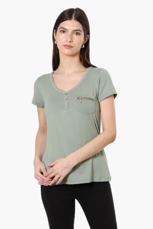 Magazine Henley Zip Pocket Tee - OliveFitted T-Shirts