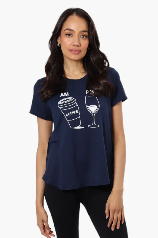 Magazine Coffee And Wine Print Tee - NavyScoop Neck T-Shirts