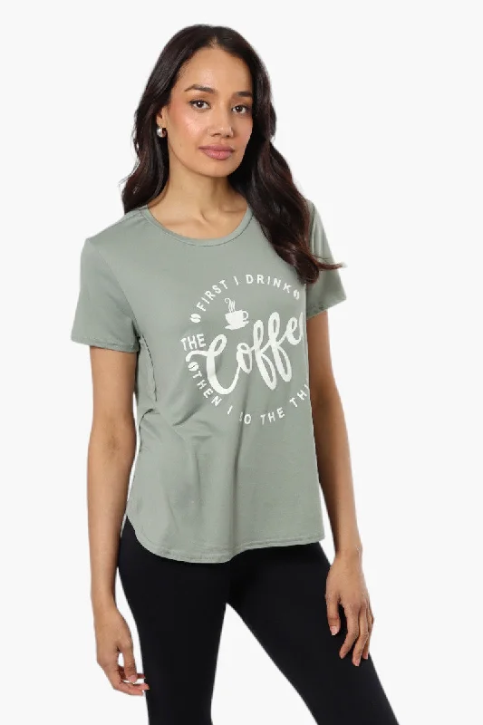 Magazine Coffee Print Tee - OliveV-Neck T-Shirts