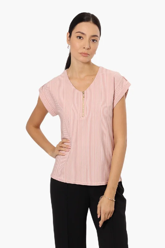 Beechers Brook Striped Front Zip Tee - PinkThermal T-Shirts