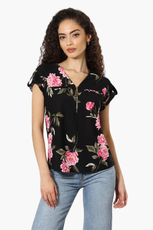 Beechers Brook Floral Half Zip Tee - BlackLongline T-Shirts