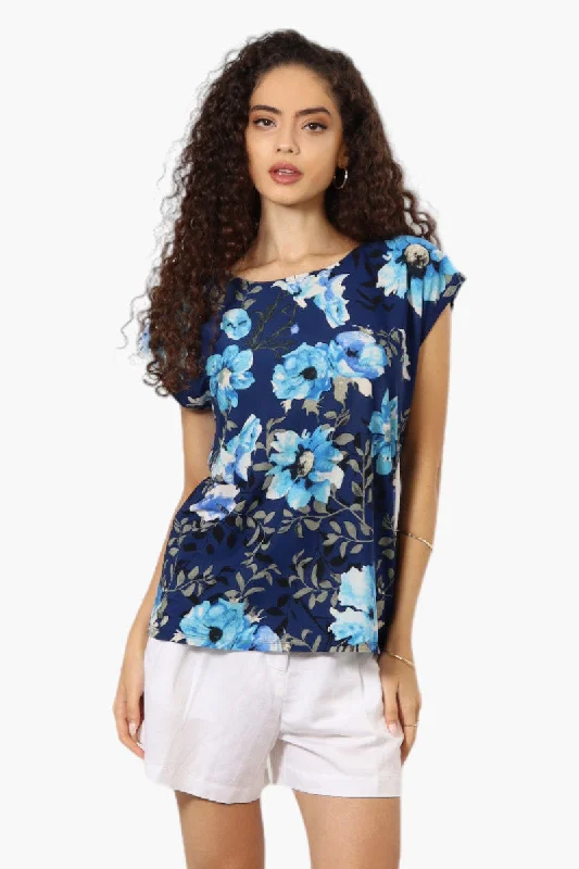 Impress Floral Cap Sleeve Tee - NavyLace-Up T-Shirts