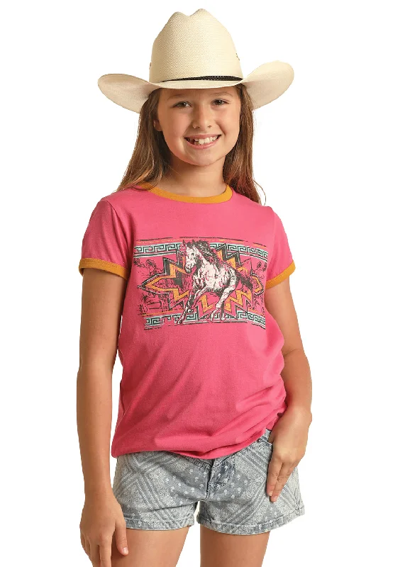 Rock and Roll Cowgirl Kids Hot Pink Graphic Horse TeeOff-Shoulder T-Shirts