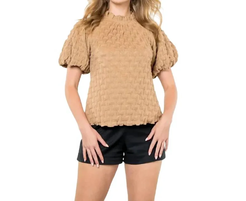 Textured Puff Sleeve Tee Top In BeigeOutdoor T-Shirts